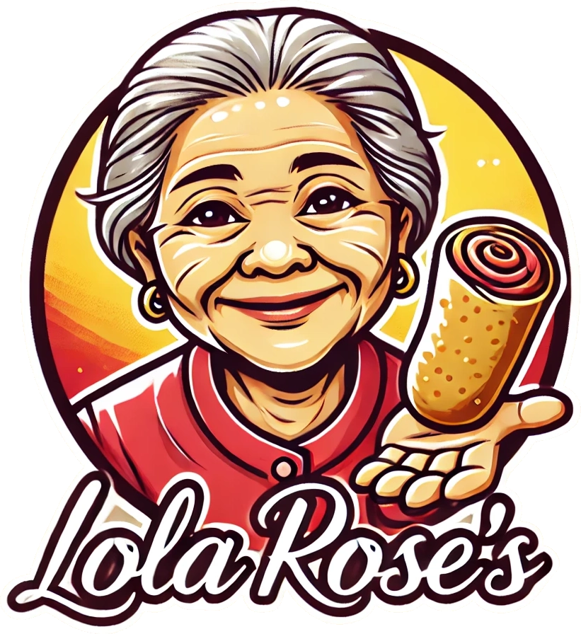 Lola Rose's Logo - A playfull illustration of a bright elderly Filipino woman with a wram expression holding out her hand with an eggroll floating over it